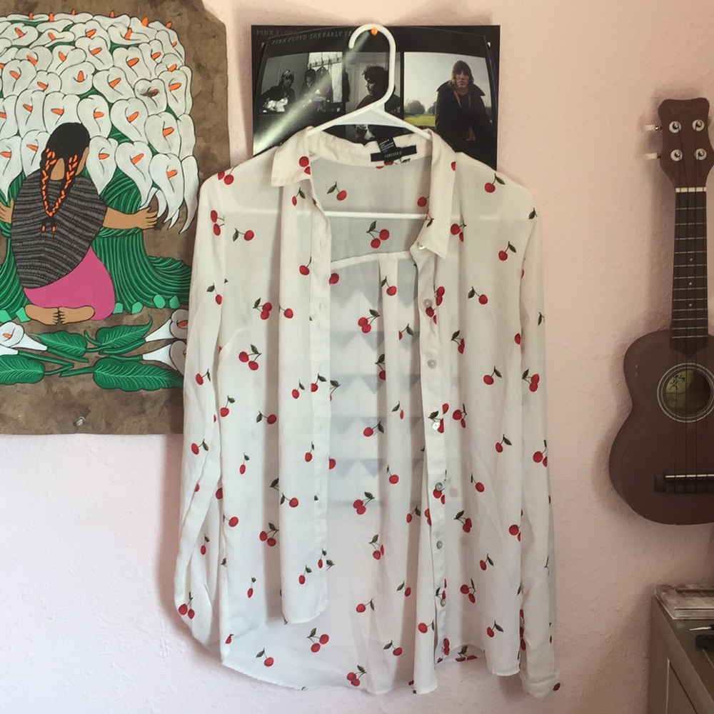 Cute sheer long sleeve cherry button up🍒